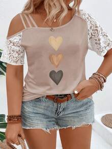 EMERY ROSE Plus Size Women's Gradient Heart Print Asymmetric Neck Lace Short Sleeve Casual T-Shirt, Spring/Summer Gym Brown - Khaki - View 6