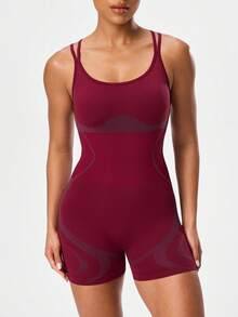 Seamluxe SHEIN Sport Bộ áo liền quần thể thao không đường may, áo liền quần tập thể dục, áo liền quần ôm sát gợi cảm hở lưng, đồ thể thao nữ. - Màu Đỏ Sâu - Xem 3