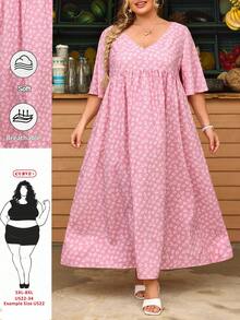 SHEIN CURVE+ Vestido casual de mujer talla grande con estampado floral diminuto, vestido de mujer rosa y colorido, vestido holgado tipo babydoll, para verano - Rosa - Ver 9