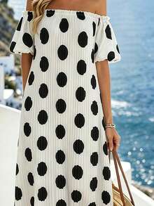 SHEIN Holidaya Đầm nữ kiểu dáng tối giản, hở vai, thích hợp cho kỳ nghỉ. - Đen và trắng - Xem 3