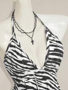 SHEIN ICON Women's Summer Zebra Print Ruffled Hem Sexy Halter Neck Tank Top - Black and White - View 7