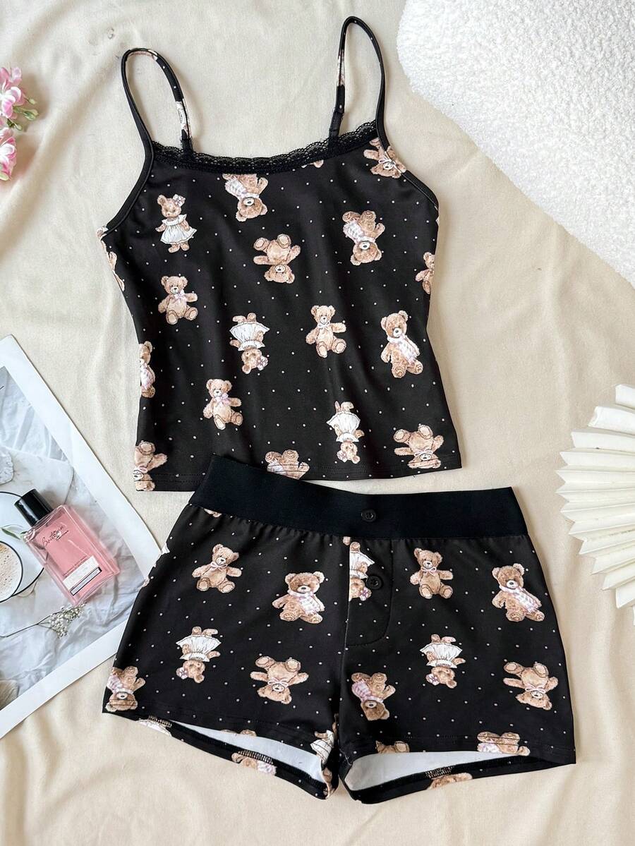 SHEIN 少女蕾丝吊带背心和百褶短裤两件套,适合夏季穿着 - 黑色 - 查看 1