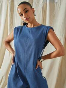 Vixey Fold Over Cuffed Hem Contrast Stripe Padded Shoulder Sleeveless Wide Leg Denim Jumpsuit - Medium Wash - View 3