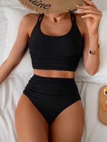 SHEIN Swim Basics Beach Ruched Top & Ruched Bottom Slimming Tankini Set, For Summer Vacation - Black - View 5