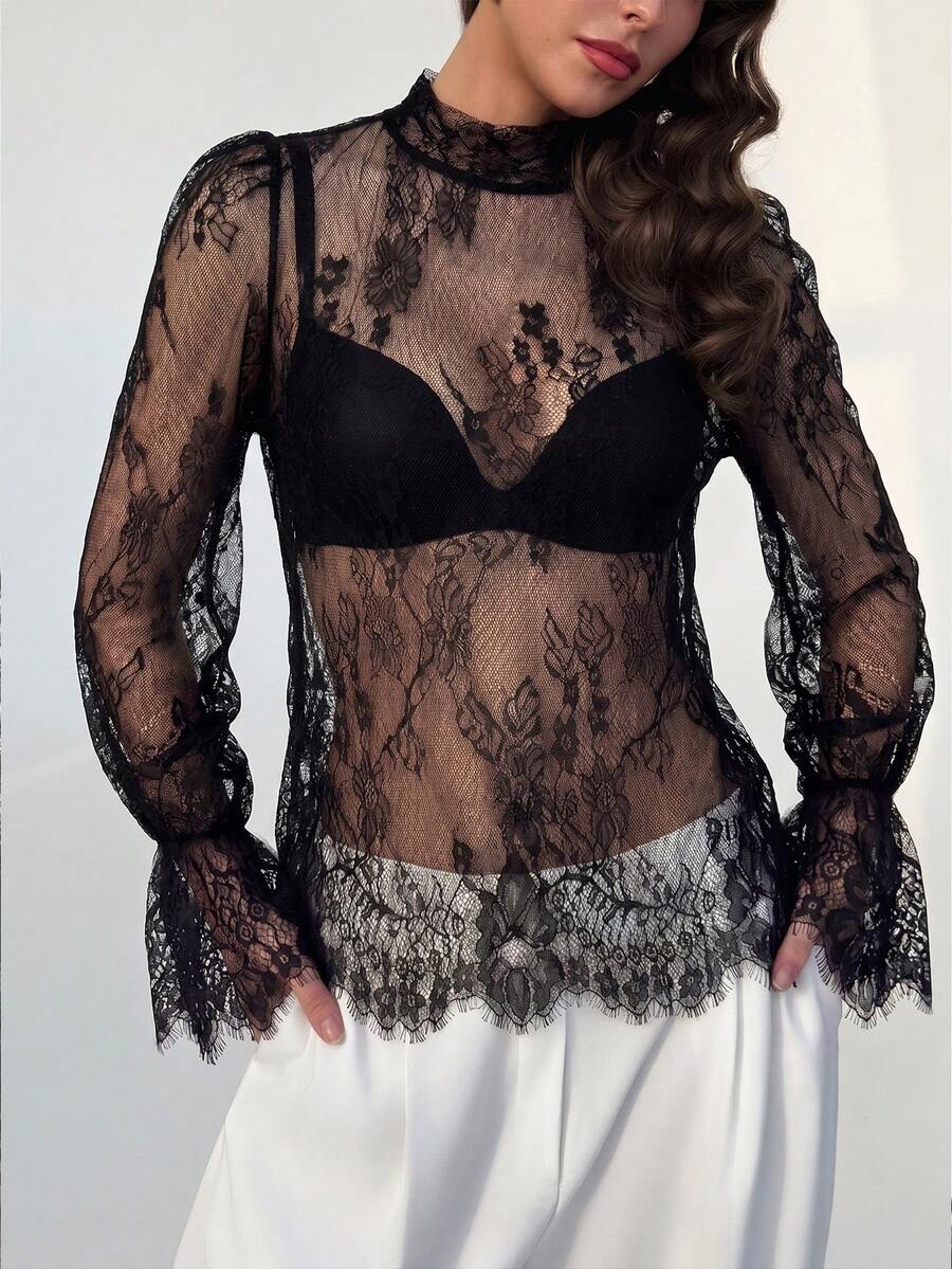 Rafferiza 女士性感蕾丝喇叭袖衬衫，时尚沙滩度假派对露脐上衣 - 黑色 - 查看 1