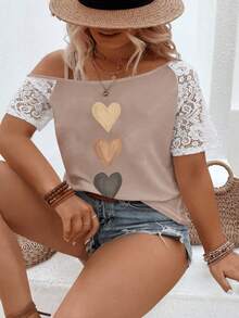 EMERY ROSE Plus Size Women's Gradient Heart Print Asymmetric Neck Lace Short Sleeve Casual T-Shirt, Spring/Summer Gym Brown - Khaki - View 4