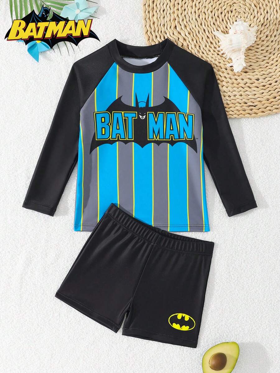 BATMAN X SHEIN GraphicGems 男童联名款印花长袖防晒泳衣,适合海滩度假、游泳派对、泳池、沙滩派对等场合。 - 彩色 - 查看 1