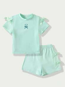 SHEIN 2件組少女夏季家庭套裝，甜美圓領熊圖案短版T恤配蝴蝶結裝飾與鬆緊腰短褲，藍色 - 薄荷綠 - 查看 3
