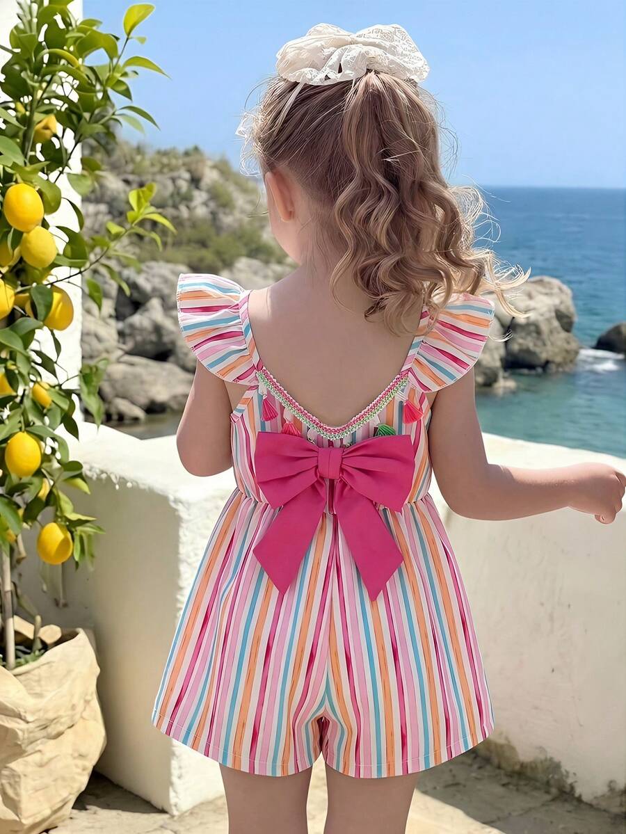 SHEIN Sparklyn 波点、夏季、波西米亚风、床单、度假、柔软、女童彩色条纹无袖连体衣,后背蝴蝶结,紫红色,柔软连衣裙,蕾丝,棉质 - 彩色 - 查看 1