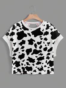 SHEIN Essnce Áo thun nữ dáng rộng không tay, cổ tròn, hở lưng, vạt bất đối xứng, thích hợp cho mùa hè, họa tiết bò sữa, trang phục mùa hè cho nữ. - Nhiều màu - Xem 2