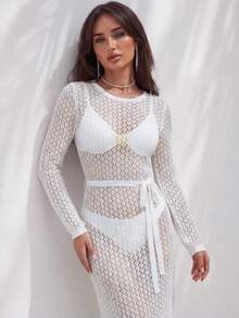 Glamine 性感优雅镂空针织长袖女式长款毛衣连衣裙 - 米色 - 查看 3