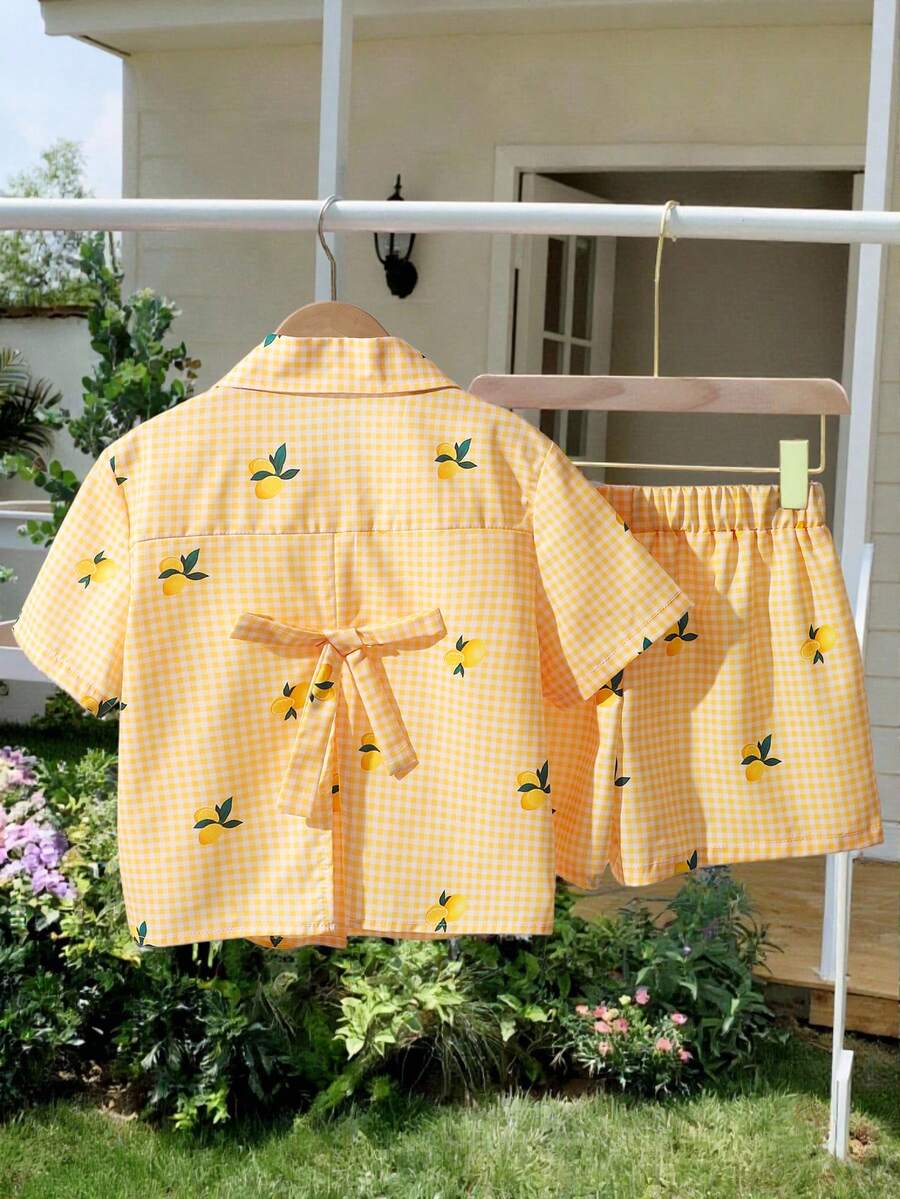 2pcs/Set Girls Checkered Lemon Digital Print Outfit, Short Sleeve Shirt And Shorts, Suitable For Commuting And Daily Wear, Great For Summer Vacation - Yellow - View 1