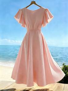 SHEIN Franclia Đầm xòe xếp ly cổ chữ V tay bồng eo thắt eo dành cho nữ, kiểu dáng thường ngày đi nghỉ mát, màu vàng nhạt, thích hợp cho mùa xuân/hè. - Màu Hồng baby - Xem 2