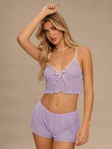 Enchnt 2pcs Floral Embroidery Decor Sheer Mesh Women's Lingerie Set - Mauve Purple - View 6