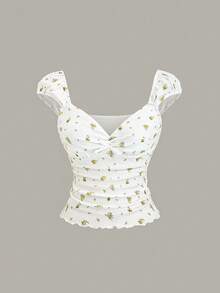 Sweetra Women's White Cottage Core Sexy T-Shirt, Summer Picnic Sweetheart Neck Puff Sleeve Knit Top, Graphic Print Ruched Waist Bow Decor Golf - Yellow - View 6