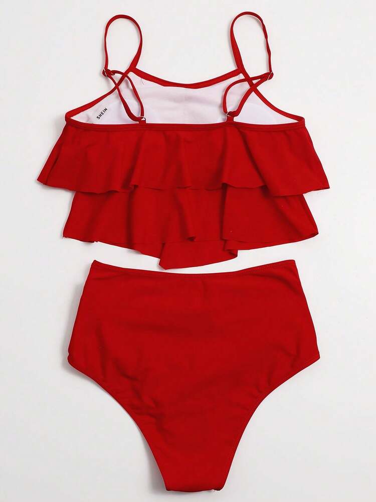 Summer Beach Solid Tankini Set Hanky Hem Flowy Cami Top & Ruched High Waisted Bottom 2 Piece Bathing Suit