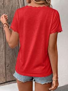 Selamara Camiseta de manga corta con cuello en V y adorno de encaje, nueva para primavera/verano para mujer - Rojo - Ver 2
