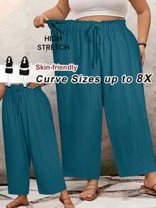 SHEIN CURVE+ 大码休闲纯色宽松长裤，适合夏季/乡村/海滩度假穿着/海滩装/沙滩服饰 - 霧霾藍 - 查看 1