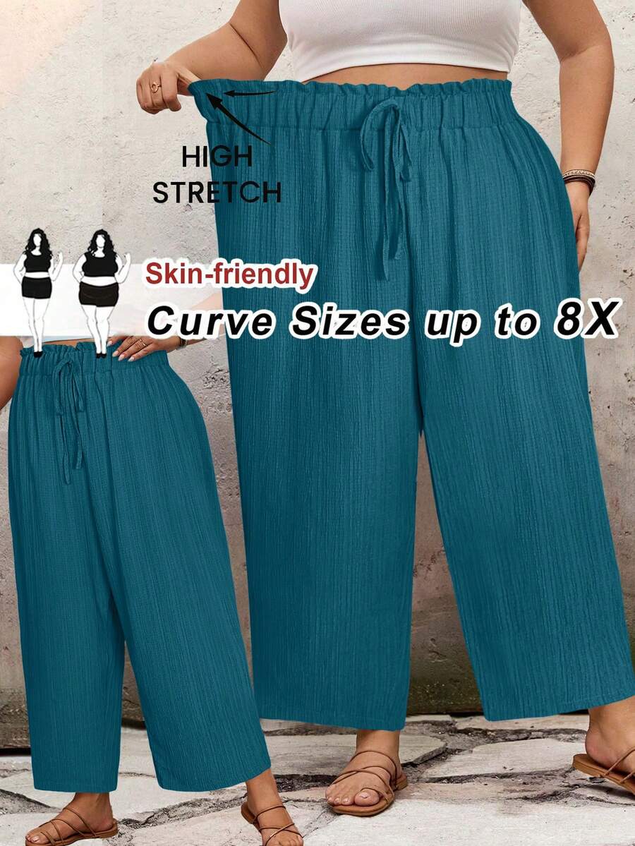 SHEIN CURVE+ 大码休闲纯色宽松长裤，适合夏季/乡村/海滩度假穿着/海滩装/沙滩服饰 - 霧霾藍 - 查看 1