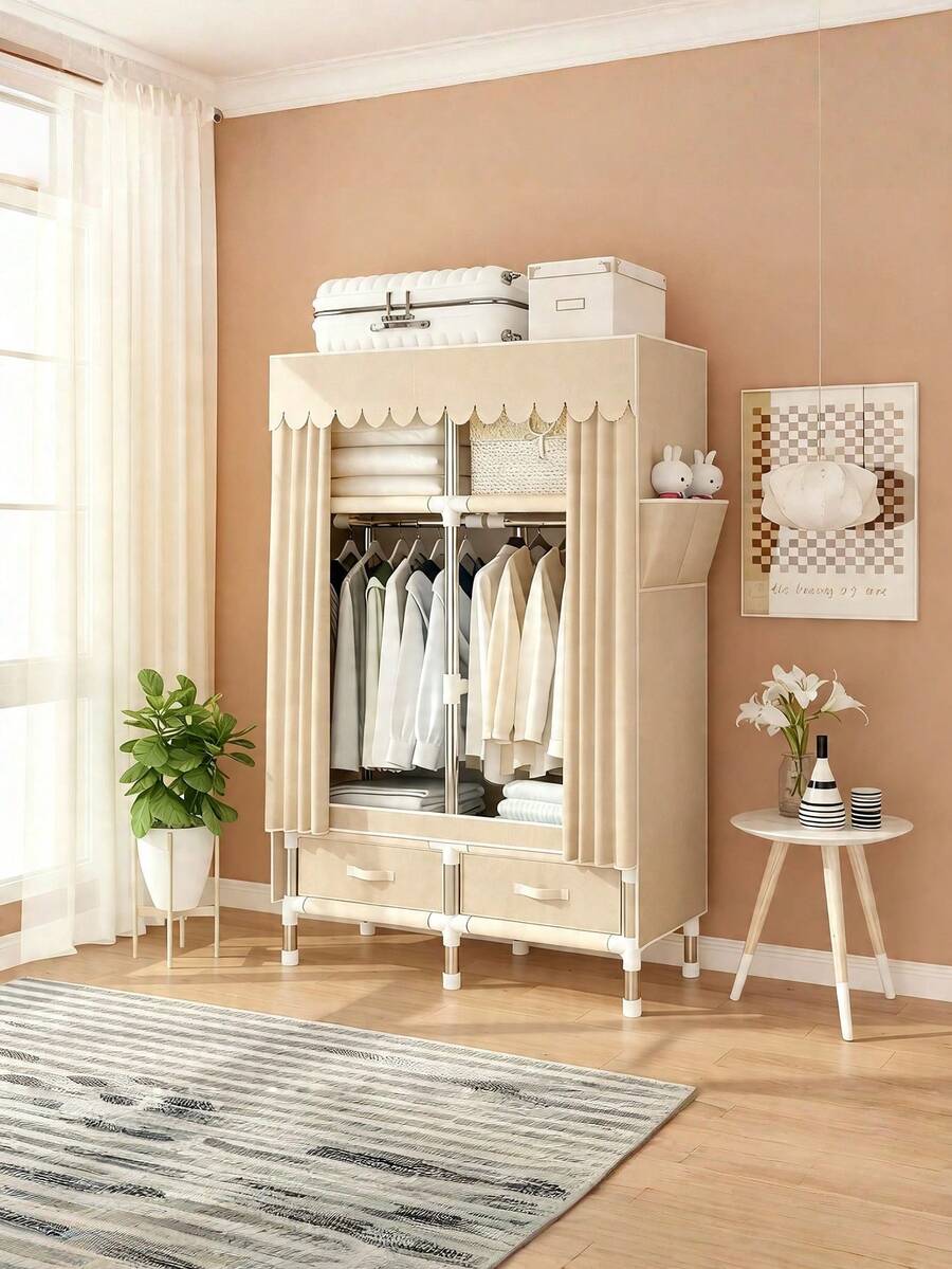 1 pieza Armario portátil de gran capacidad, diseño de estructura de marco de acero con estabilidad reforzada, combinación de espacio colgante y área de almacenamiento de varias capas, diseño de cajón inferior para ropa, espacio superior utilizado, adecuado para el hogar, dormitorio, mueble de almacenamiento eficiente - Multicolor - Ver 1