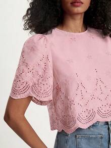 CAJUNI Summer Casual Solid Color Embroidered Cropped Shirt,Summer Top - Baby Pink - View 8