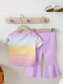 1 Set Baby Girls' Casual Cute Colorful Floral Ombre Print Round Neck Short Sleeve T-Shirt And Purple Bell-Bottom Pants Outfit - Multicolor - View 2