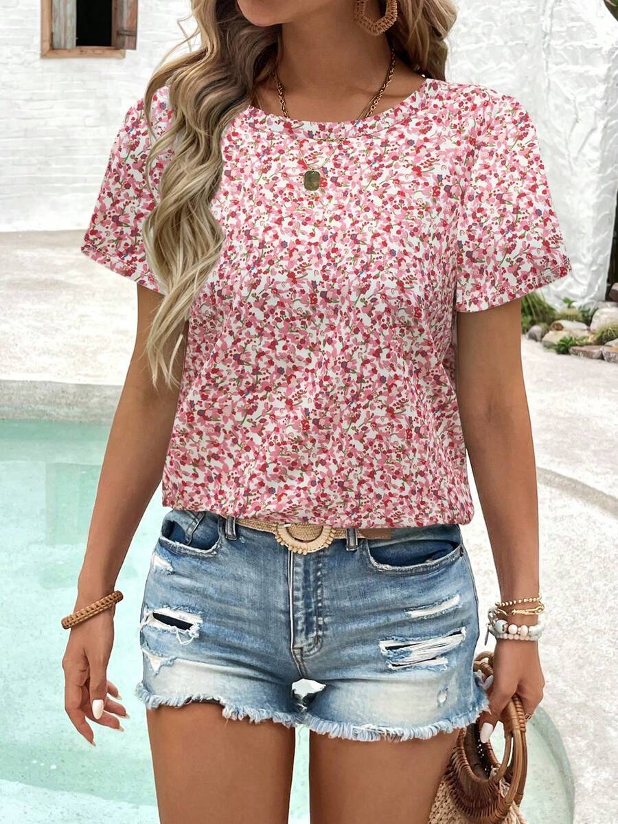 EMERY ROSE Áo thun nữ cỡ lớn tay ngắn cổ tròn họa tiết hoa nhí, thích hợp cho kỳ nghỉ hè. - Nhiều màu - Xem 1