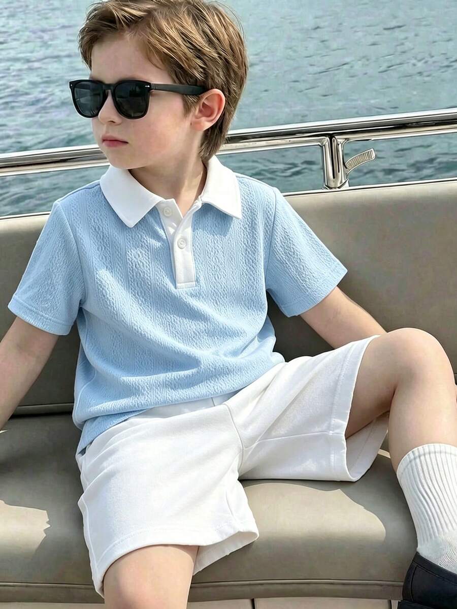 SHEIN 男童撞色POLO领短袖半拉链上衣和松紧腰短裤两件套，适合春、夏、秋季日常穿着、运动、郊游、上学、聚会、节日、演出和拍照。 - 彩色 - 查看 1