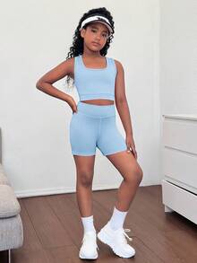 SHEIN 少女纯色针织镂空露背背心和骑行短裤两件套，适合瑜伽、运动会、返校季等场合。 - 淺藍色 - 查看 4