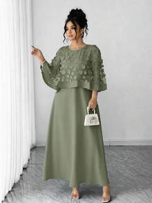 Elenzga 大码女士蕾丝3D立体花卉装饰披肩连衣裙，适合秋季婚礼、生日派对及其他活动 - 綠色 - 查看 4