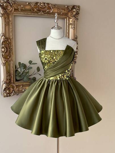 Lovelzi 优雅浪漫时尚的绿色缎面亮片拼接无肩带褶皱A字型正式派对礼服，适合婚礼宾客、单身派对、毕业舞会等场合。