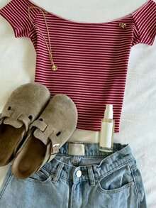 SHEIN Digital Stripe Print Off-Shoulder Short Sleeve T-Shirt For Women, Summer - Multicolor - View 2