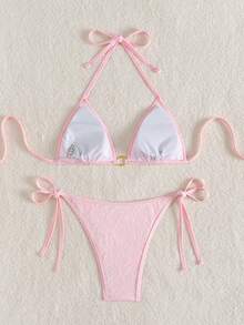 SHEIN Swim 2pcs Solid Color Lace Patchwork Halter Triangle Cup Bra And Swim Bottoms Bikini Set For Summer Beach Vacation - Pink - View 2