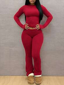 INAWLY Solva 2pcs Women Solid Color Crew Neck Long Sleeve Top And Pants Casual Set Fall Cloth For Women - Red - View 2
