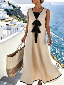 SHEIN LUNE Women's Contrast Color Tie Bow Dress, Vacation Style, Tall Women Golf Pastal Summer Sexy - Khaki - View 1