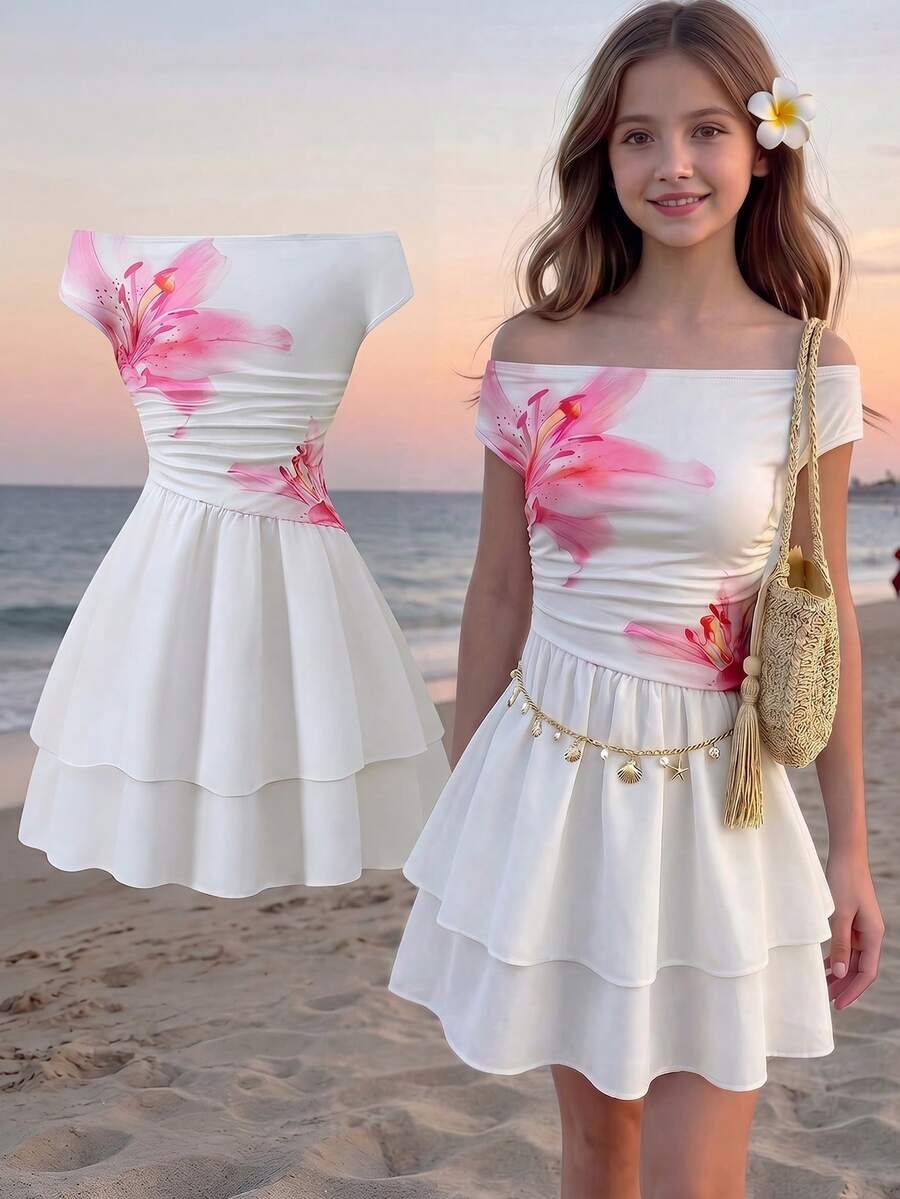 Tween Girl Floral Print Ruffle Layered Off-Shoulder Dress - Multicolor - View 1