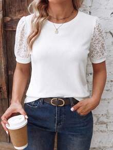 EMERY ROSE Women's Spring/Summer New Arrival Lace Patchwork Design Casual Versatile Plus Size T-Shirt - White - View 4