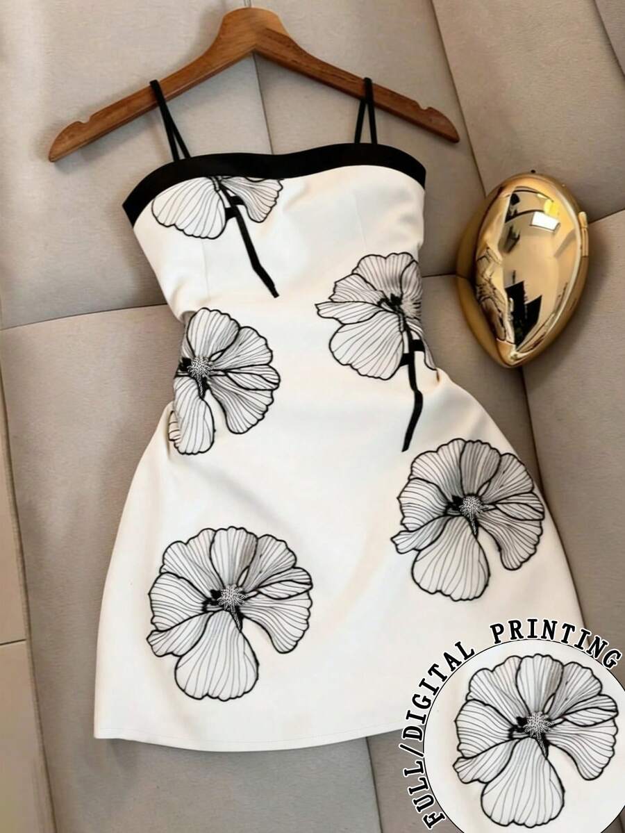 Franclia Vestido de tirantes con estampado floral y ribete elegante para mujer, de verano - Blanco - Ver 1