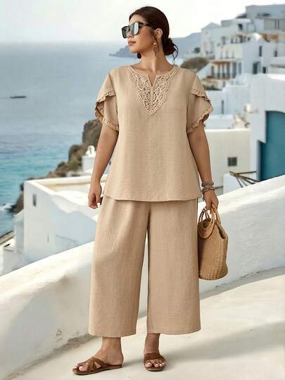 Parysyn Plus Size Women 2pcs Solid Brown Top And Brown Pants Set V-Neck Short Ruffle Sleeve Lace Embroidery Detail Wide Leg Two Piece Set