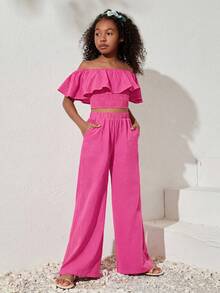 SHEIN Tween Girls' Casual Solid Color Off-Shoulder Cropped Top And Wide Leg Pants Set, Spring/Summer - Hot Pink - View 2