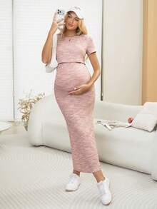 SHEIN 舒适哺乳紧身华夫格面料侧开衩彩色孕妇连衣裙，哺乳连衣裙 - 粉色 - 查看 1