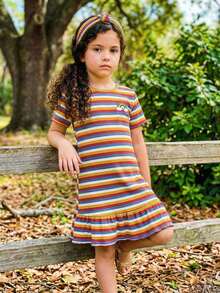 SHEIN Young Girl' Striped Round Neck Short Sleeve Dress - Coral Orange - View 5