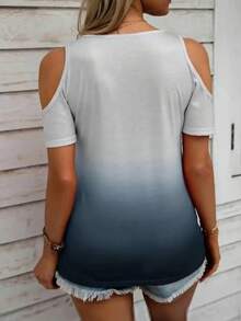 EMERY ROSE Casual Ombre Print Off-Shoulder T-Shirt, Summer Vacation White Blue - Grey - View 2