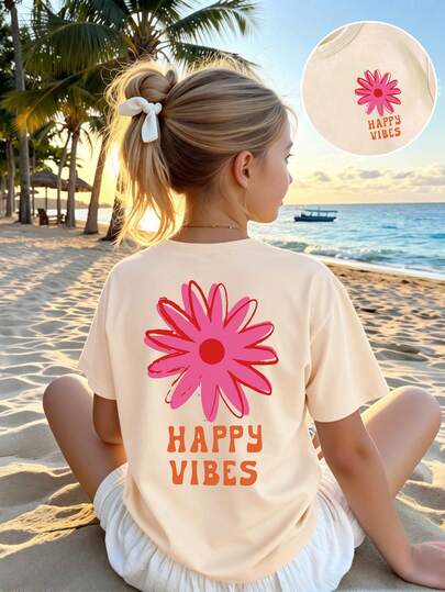 春夏休闲时尚创意个性清新简约花卉、标语、图案印花轻松度假风基础款米色短款T恤，舒适日常穿着，适合春、夏、秋季女生