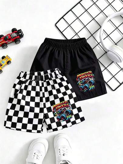 Set de 2 pantalones cortos de moda para niños pequeños, con estampado de carreras y estampado a cuadros, cómodos y elegantes, adecuados para salidas y vacaciones de primavera/verano