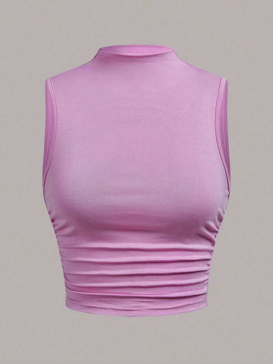 SHEIN EZwear 薰衣草色高领侧边褶皱白色夏季背心 - 紫丁香色 - 查看 1