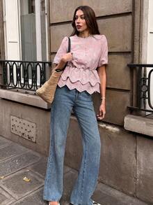SHEIN PariChic Women's Light Pink Blouse,Summer Elegant Tea Party Short-Sleeve Round Neck Lace Trim,Floral Embroidery,Waist-Cinching Double-Layer Ruffled Hem Top - Baby Pink - View 4