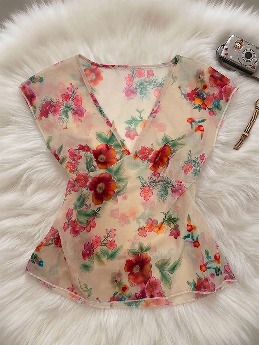SHEIN Franclia Áo nữ cổ chữ V in hoa, kiểu dáng thường ngày đa năng. - Màu be - Xem 1