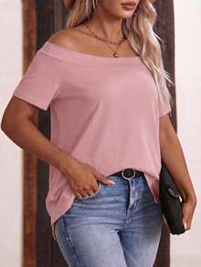 EMERY ROSE Plus Size Pink Off-Shoulder Short Sleeve Casual T-Shirt - Pink - View 3