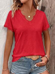 Selamara Camiseta de manga corta con cuello en V y adorno de encaje, nueva para primavera/verano para mujer - Rojo - Ver 5